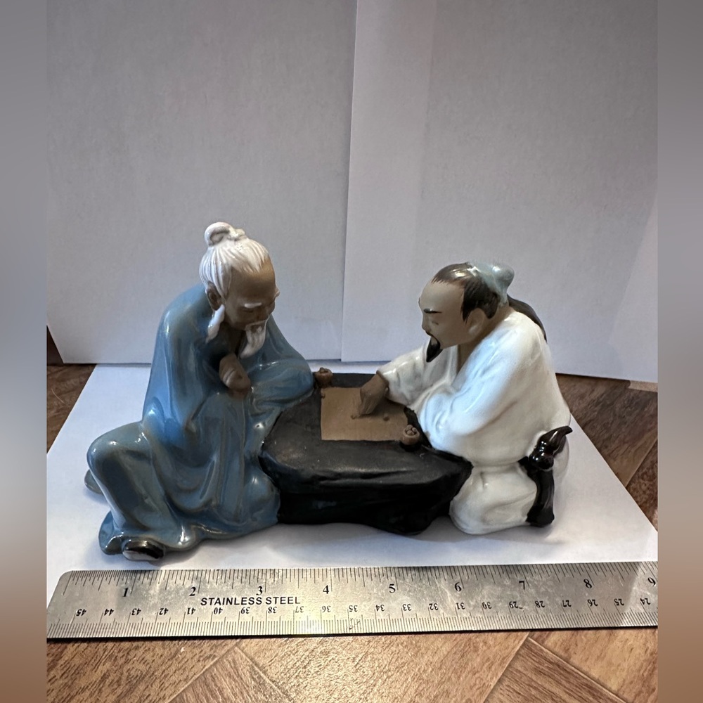 Chinese Mudman Figurine Men Playing Mahjong Game Asian Figurine